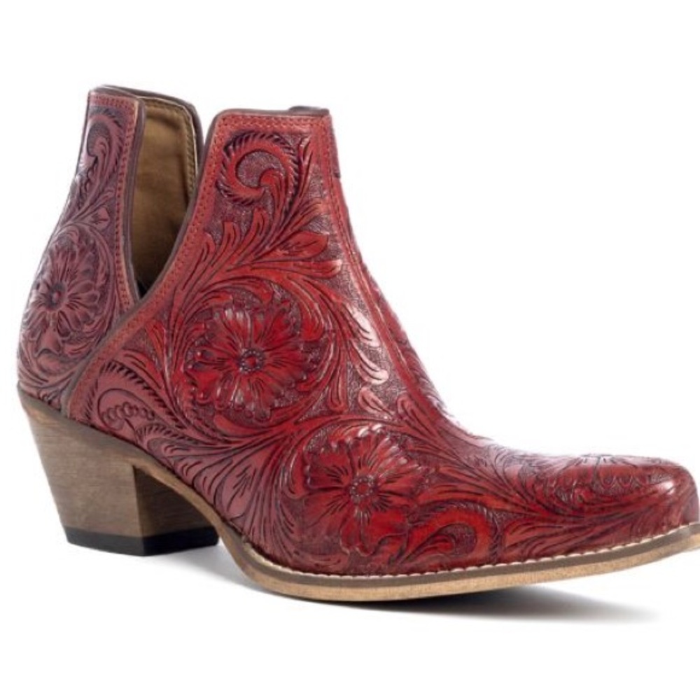 🌶️Scarlet Hand Tooled Genuine Leather Women Bootie Cowboy Boot Boho Western Red - Picture 3 of 16